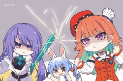 Rule 34 | 3girls, animal ear fluff, animal ears, belt, blue hair, blunt bangs, breasts, chef hat, chibi, cleavage, clenched hands, colored inner hair, fighting stance, gradient hair, green hair, hair between eyes, hat, highres, holding, holding sword, holding weapon, hololive, hololive english, hololive indonesia, jacket, kukie-nyan, medium breasts, minecraft, minecraft sword, moona hoshinova, multicolored hair, multiple girls, navel, off-shoulder jacket, off shoulder, open clothes, open jacket, open mouth, orange hair, purple hair, rabbit ears, rabbit girl, shaded face, short eyebrows, star (symbol), sword, takanashi kiara, takanashi kiara (1st costume), usada pekora, usada pekora (1st costume), virtual youtuber, weapon, white hair