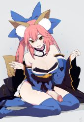 Rule 34 | 10s, 1futa, animal ears, bare shoulders, black footwear, blue bow, blue kimono, blue thighhighs, blush, bow, breasts, brown eyes, cleavage, collarbone, commentary request, detached collar, fangs, fate/extra, fate (series), fox ears, fox tail, futanari, geta, grey background, hair bow, head tilt, huge breasts, japanese clothes, kimono, long hair, long sleeves, looking at viewer, low twintails, off shoulder, penis, pink hair, sash, shiny skin, shoes, simple background, sitting, sohin, solo, tail, tamamo (fate), tamamo no mae (fate/extra), teeth, thighhighs, third-party edit, twintails, uncensored, underbust, wide sleeves, yokozuwari