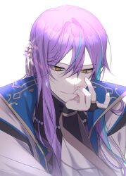 Rule 34 | 1boy, alternate costume, alternate hair length, alternate hairstyle, blue hair, commentary request, hand on own face, hr rinn, kamishiro rui, korean commentary, long hair, male focus, project sekai, purple hair, smile, solo, upper body, yellow eyes
