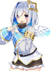 Rule 34 | 1girl, :d, amane kanata, amane kanata (1st costume), angel, angel wings, armband, asymmetrical bangs, asymmetrical hair, black skirt, blue bow, blue bowtie, blue hair, blue wings, blush, bob cut, bow, bowtie, colored inner hair, commentary, cowboy shot, feathered wings, fragir, frilled skirt, frills, gradient wings, grey hair, grey jacket, hair over one eye, halo, heart, heart hands, highres, hololive, jacket, long sleeves, looking at viewer, mini wings, miniskirt, multicolored hair, multicolored wings, open mouth, own hands together, pink hair, plaid, purple eyes, sailor collar, school uniform, short hair, simple background, single hair intake, skirt, smile, solo, star halo, streaked hair, translated, v-shaped eyebrows, virtual youtuber, w arms, white background, white sailor collar, white wings, wings