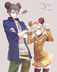 1boy 1girl achan_(blue_semi) blush bow crossed_arms double_v eiyuu_densetsu embarrassed eyewear_hang fie_claussell glasses green_hair grey_background hair_bow hood hoodie jacket looking_at_viewer machias_regnitz mickey_mouse_ears sen_no_kiseki_(series) short_hair sidelocks simple_background skirt thighhighs unworn_eyewear v white_hair