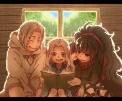 Rule 34 | 1boy, 2girls, azami (kagerou project), bad id, bad pixiv id, black hair, book, dress, closed eyes, family, father and daughter, highres, hood, hoodie, husband and wife, kagerou project, kozakura shion, long hair, mother and daughter, multiple girls, red eyes, shion (kagerou project), short hair, smile, tsukihiko (kagerou project), unomi (makiron910), very long hair, white hair