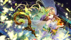 Rule 34 | 1girl, :d, absurdres, artist request, bare shoulders, bug, butterfly, caing zhihuang, character request, detached sleeves, dress, fairy wings, flower, frills, green eyes, hand up, head wreath, highres, holding, holding staff, bug, light brown hair, long hair, looking at viewer, open mouth, puffy short sleeves, puffy sleeves, short sleeves, smile, solo, staff, standing, very long hair, white dress, wings
