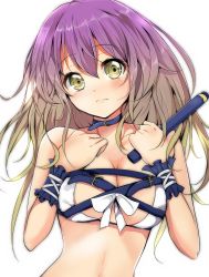 Rule 34 | 1girl, absurdres, belt bra, bikini, bikini top only, blonde hair, blush, breasts, check commentary, collar, commentary request, gradient hair, highres, hijiri byakuren, large breasts, long hair, looking at viewer, multicolored hair, purple hair, simple background, solo, swimsuit, touhou, upper body, velia, white background, white bikini, wrist cuffs, yellow eyes