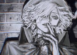 Rule 34 | 1boy, against wall, artist name, au (d elete), cigarette, edmond dantes (fate), fate/grand order, fate (series), fingernails, greyscale, hair between eyes, hair over one eye, holding, holding cigarette, looking at viewer, monochrome, shadow, short hair, signature, sketch, smoking, solo, upper body