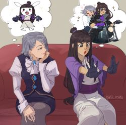 Rule 34 | 2girls, ace attorney, artist name, beige background, black gloves, blush, brown hair, couch, ear piercing, franziska von karma, gloves, grey hair, hand on own chin, highres, hug, hug from behind, jacket, japanese clothes, kimono, leather, leather gloves, leather jacket, leggings, long hair, long sleeves, mars seana, maya fey, motor vehicle, motorcycle, multiple girls, piercing, rabbit, sitting, sparkling eyes, thought bubble, vest, yuri
