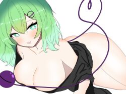 Rule 34 | 1girl, :d, ass, blush, bottomless, breasts, bright pupils, collarbone, commentary request, green eyes, green hair, hair ornament, heart, heart of string, highres, komeiji koishi, large breasts, looking at viewer, open mouth, short hair, simple background, smile, solo, third eye, tokihakonbu, touhou, white background, white pupils