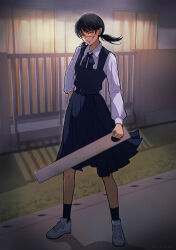 Rule 34 | 1girl, backlighting, black bow, black bowtie, black dress, black hair, black socks, blue dress, blunt bangs, bow, bowtie, chainsaw man, closed mouth, collared shirt, dated, dress, fourth east high school uniform, full body, glowing, glowing eyes, grass, hand in pocket, highres, holding ruler, improvised weapon, long sleeves, looking at viewer, low twintails, night, orange eyes, outdoors, pinafore dress, red eyes, scar, scar on face, school uniform, shirt, shoes, sleeveless, sleeveless dress, sneakers, socks, sol (solsalt255), solo, standing, twintails, white footwear, white shirt, wind, yoru (chainsaw man)