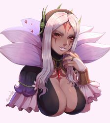 Rule 34 | 1girl, absurdres, aversa (fire emblem), black nails, breasts, bridal gauntlets, cleavage, dark-skinned female, dark skin, evomanaphy, facial mark, fingernails, fire emblem, fire emblem awakening, fire emblem heroes, flower, flower dress, frilled bridal gauntlets, heart, highres, jewelry, large breasts, long hair, looking at viewer, nail polish, necklace, nintendo, official alternate costume, parted lips, pink lips, red eyes, sharp fingernails, smile, solo, underwear, white hair, wrist cuffs