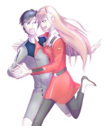 Rule 34 | 10s, 1boy, 1girl, black hair, black pantyhose, blue eyes, boots, breasts, commentary request, couple, dancing, darling in the franxx, dress, green eyes, hair ornament, hairband, hand on another&#039;s back, hetero, highres, hiro (darling in the franxx), holding hands, horns, interlocked fingers, leg up, long hair, long sleeves, looking at another, medium breasts, military, military uniform, necktie, oni horns, open mouth, orange neckwear, pantyhose, pink hair, red dress, red horns, red neckwear, short hair, sp doguk, uniform, white footwear, white hairband, zero two (darling in the franxx)