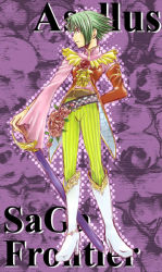 Rule 34 | 1girl, androgynous, asellus (saga frontier), bad id, bad pixiv id, boots, character name, copyright name, flower, green hair, hand on own hip, hidorin, high heels, red flower, red rose, rose, saga, saga frontier, short hair, solo, sword, weapon
