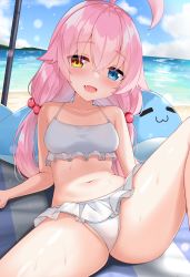 Rule 34 | 1girl, :d, ahoge, beach, bikini, blue archive, blue sky, cloud, cloudy sky, commentary, english commentary, frilled bikini, frills, hair between eyes, hayana neru, heterochromia, highres, horizon, hoshino (blue archive), hoshino (swimsuit) (blue archive), long hair, looking at viewer, low twintails, lying, navel, ocean, official alternate costume, on back, open mouth, pink hair, sidelocks, sky, sleeveless, smile, solo, spread legs, stomach, stuffed whale, swimsuit, twintails, white bikini