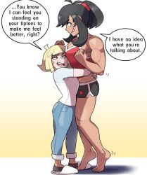 Rule 34 | abs, aged up, alternate muscle size, black hair, blonde hair, creatures (company), game freak, highres, juno son, lillie (pokemon), muscular, muscular female, nintendo, pokemon, pokemon sm, selene (pokemon), thick thighs, thighs, yuri