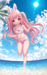 Rule 34 | 1girl, :d, absurdres, animal ears, bare arms, bare legs, bare shoulders, barefoot, bikini, blue sky, blush, chitosezaka suzu, cloud, collarbone, commentary request, day, food-themed hair ornament, frilled bikini, frills, hair ornament, highres, horizon, long hair, navel, ocean, open mouth, original, outdoors, pink bikini, pink hair, plaid, plaid bikini, rabbit ears, red eyes, sky, smile, solo, standing, standing on one leg, strawberry hair ornament, sun, swimsuit, two side up, very long hair, water