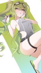 Rule 34 | 1girl, absurdres, alternate costume, awe (adorableduckyy), bare shoulders, black one-piece swimsuit, bracelet, breasts, covered navel, feet, flip-flops, gradient background, green background, green bracelet, green hair, green nails, hair between eyes, hand on own face, hand up, highres, honkai (series), honkai impact 3rd, jewelry, knees out of frame, long hair, looking at viewer, lying, medium breasts, mobius (honkai impact), nail polish, on back, one-piece swimsuit, open mouth, orange eyes, sandals, side cut, slit pupils, solo, swimsuit, thigh strap, toes, twintails, two-tone background, white background