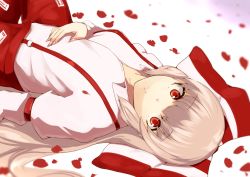 Rule 34 | 1girl, armband, bad id, bad pixiv id, bow, breasts, brown hair, expressionless, fingernails, fujiwara no mokou, hair bow, hand on own stomach, highres, houmatu awa, large bow, long hair, long sleeves, looking at viewer, lying, on back, orange eyes, petals, solo, suspenders, touhou