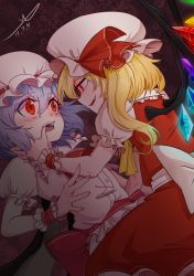 Rule 34 | 2girls, ascot, bat wings, blonde hair, blue hair, blush, dated, fang, fangs, flandre scarlet, hat, long hair, looking at another, mizuki (1054311109), multiple girls, red ascot, red eyes, red skirt, remilia scarlet, short hair, siblings, side ponytail, signature, sisters, skirt, slit pupils, smile, touhou, wings, wrist cuffs, yellow ascot