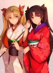 Rule 34 | 2girls, arrow (projectile), black hair, blonde hair, blush, commentary request, earrings, ereshkigal (fate), fate (series), holding, holding arrow, hoop earrings, ishtar (fate), ishtar (fate), japanese clothes, jewelry, kameponde, kimono, light blush, light smile, long hair, looking at viewer, multiple girls, red eyes, red kimono, siblings, sisters, two side up, white kimono