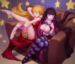 Rule 34 | 10s, 2girls, bad anatomy, barefoot, black hair, blonde hair, blush, bow, breasts, cleavage, convenient censoring, couch, dress, floor, hair bow, helic (7317helic), highres, large breasts, long hair, multicolored hair, multiple girls, open mouth, panty &amp; stocking with garterbelt, panty (psg), purple eyes, purple hair, red dress, reversed feet, reversed foot, siblings, sisters, sitting, skirt, stocking (psg), striped clothes, striped legwear, striped thighhighs, thighhighs, tongue, tongue out, two-tone hair