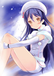 Rule 34 | 1girl, blue hair, blush, commentary request, detached sleeves, fur trim, hat, hugging own legs, kouzuki hajime, long hair, looking at viewer, love live!, love live! school idol project, shorts, sitting, smile, snow halation, solo, sonoda umi, yellow eyes