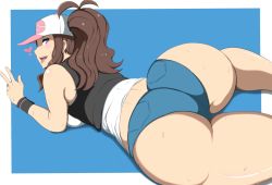 Rule 34 | 1girl, ass, bare shoulders, baseball cap, blue eyes, blush, breasts, brown hair, cameltoe, come hither, creatures (company), denim, denim shorts, from behind, game freak, hat, hilda (pokemon), huge ass, large breasts, legs, long hair, looking at viewer, looking back, lying, naughty face, nintendo, open mouth, oryutoo, pokemon, pokemon bw, ponytail, shiny skin, short shorts, shorts, sideboob, smile, solo, sweat, thick thighs, thighs, tongue, tongue out, wristband