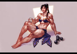 Rule 34 | 1girl, abs, alternate muscle size, baldur&#039;s gate, baldur&#039;s gate 3, bare arms, bare legs, barefoot, biceps, bikini, black hair, breasts, cup, drinking, dumbbell, dungeons &amp; dragons, elf, hand on floor, highres, janrock, long hair, medium breasts, muscular, muscular female, navel, on ground, pointy ears, ponytail, shadowheart (baldur&#039;s gate), signature, simple background, sitting, skirt, solo, stomach, sweat, swimsuit