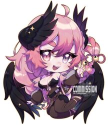 Rule 34 | 1girl, ahoge, bell, blush, breasts, chibi, cleavage, commission, cookie hana, hair bell, hair ornament, highres, large breasts, long sleeves, open mouth, original, pink eyes, pink hair, smile, solo, teeth, thick eyebrows, upper teeth only, wings