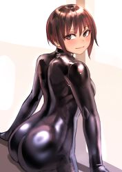 Rule 34 | 1girl, arm support, ass, ass support, back, black bodysuit, black hair, blush, bodysuit, breasts, from behind, highres, kilye kairi, latex, latex bodysuit, light smile, lips, looking at viewer, multicolored hair, original, red eyes, red hair, shiny clothes, short hair, sidelocks, sitting, skin tight, solo