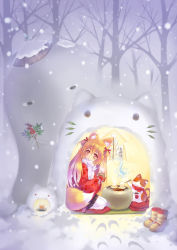 Rule 34 | 1girl, animal ears, bad id, bad pixiv id, blonde hair, blush, carnelian, checkered clothes, checkered scarf, fox ears, fox tail, hair between eyes, long hair, mittens, original, plate, red mittens, scarf, smile, snowing, snowman, solo, tail