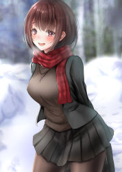 Rule 34 | 1girl, absurdres, arms behind back, bag, black jacket, black pantyhose, black skirt, blazer, blueorbit hzmk, blurry, blurry background, blush, breasts, breath, bright pupils, brown hair, contrapposto, day, enpera, highres, holding, holding bag, jacket, long hair, looking at viewer, medium breasts, open clothes, open jacket, open mouth, original, outdoors, pantyhose, pleated skirt, red eyes, red scarf, scarf, school bag, school uniform, skirt, snow, solo, striped clothes, striped scarf, sweater