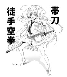 Rule 34 | 1girl, :d, barefoot, batta (kanzume quality), belt, freckles, greyscale, katana, long hair, monochrome, necktie, open mouth, original, sheath, sheathed, smile, solo, sword, very long hair, weapon, aged down