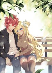 Rule 34 | 1boy, 1girl, bench, black hoodie, black thighhighs, blonde hair, blue eyes, blue shorts, blush, bow, breasts, brown sweater, closed eyes, collarbone, denim, hair bow, hand on another&#039;s hip, highres, hood, hoodie, jeans, large breasts, leaning on person, leaning to the side, lens flare, liz hohenstein, looking up, mikage (shibi), muv-luv, muv-luv alternative, pants, red hair, ribbed sweater, schwarzesmarken, shirt, shorts, sitting, skindentation, smile, striped, striped bow, sweater, theodor edelbach, thighhighs, two side up, white shirt