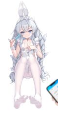 Rule 34 | 1girl, absurdres, azur lane, blue eyes, cellphone, feet, food, highres, le malin (azur lane), long hair, looking at viewer, pantyhose, phone, popsicle, rabbit ears, silver hair, smartphone, soles, toes, transparent background, white pantyhose