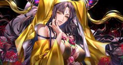 Rule 34 | 1girl, bare shoulders, breasts, brown hair, commentary request, covered erect nipples, detached sleeves, facial mark, fate/grand order, fate (series), forehead mark, hand on own cheek, hand on own face, highres, horns, large breasts, long hair, looking at viewer, nail polish, parted lips, revealing clothes, sessyoin kiara, sessyoin kiara (beast iii/r), sideboob, tenobe, upper body, veil, very long hair, wide sleeves, yellow eyes