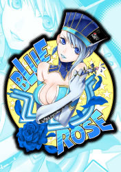 Rule 34 | 10s, 1girl, blue eyes, blue hair, blue rose, blue rose (tiger &amp; bunny), breasts, character name, cleavage, earrings, elbow gloves, flower, gloves, highres, jewelry, karina lyle, matching hair/eyes, p-kana, pepsi nex, product placement, rose, short hair, solo, tiger &amp; bunny, upper body, zoom layer