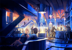Rule 34 | 5girls, 6+boys, bar (place), bare shoulders, indoors, multiple boys, multiple girls, noba, original, party, scenery, smile, stairs