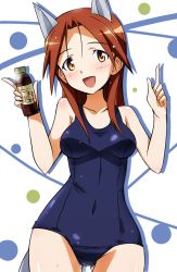 Rule 34 | 1girl, :d, animal ears, blush, bottle, breasts, brown eyes, covered navel, long hair, medium breasts, minna-dietlinde wilcke, one-piece swimsuit, open mouth, red hair, school swimsuit, smile, solo, strike witches, swimsuit, tail, world witches series, yumekaranigeruna
