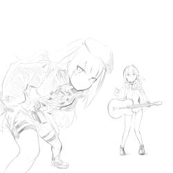 Rule 34 | 2girls, :3, absurdres, ahoge, be my baby (song), beret, blunt bangs, boots, closed mouth, dot mouth, dress shirt, floating hair, foot out of frame, full body, girls&#039; frontline, gloves, greyscale, guitar, hair between eyes, half-closed eyes, hand on own hip, hat, highres, holding, holding instrument, holding plectrum, hood, hoodie, instrument, jacket, leaning forward, light blush, long hair, long sleeves, looking at viewer, low ponytail, m200 (girls&#039; frontline), mdr (girls&#039; frontline), medium hair, monochrome, multiple girls, myon2, necktie, open clothes, open hoodie, parody, pigeon-toed, pleated skirt, plectrum, puffy long sleeves, puffy sleeves, shirt, shoes, short ponytail, side ponytail, simple background, sketch, skirt, sneakers, standing, tactical clothes, tareme, thigh strap