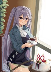 Rule 34 | 1girl, azur lane, birthday cake, cake, commission, cup, dress, food, happy birthday, highres, holding, holding cup, intrepid (azur lane), jewelry, long hair, looking at viewer, necklace, saucer, sitting, smodzz998, window