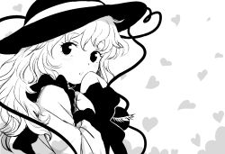 Rule 34 | 1girl, :o, black eyes, black hat, blouse, blush, cock robin, eyeball, frilled sleeves, frills, from side, greyscale, hat, hat ribbon, high contrast, highres, komeiji koishi, long sleeves, looking to the side, medium hair, monochrome, open mouth, parted lips, ribbon, shirt, simple background, solo, third eye, touhou, upper body, wavy hair, white background, wide sleeves