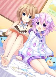 Rule 34 | 2girls, :d, bare legs, bare shoulders, barefoot, blanc (neptunia), blue eyes, blush, book, brown hair, choker, d-pad, d-pad hair ornament, dogoo, feet, hair ornament, hat, highres, holding, holding book, hood, hooded jacket, indoors, jacket, leaning on person, legs, looking at viewer, multiple girls, neptune (neptunia), neptune (series), official art, on bed, open mouth, purple eyes, purple hair, short hair, shoulder-to-shoulder, sitting, smile, soles, spaghetti strap, striped legwear, thighhighs, toes, tsunako, unworn hat, unworn headwear, unworn legwear