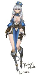 Rule 34 | 1girl, armor, bare shoulders, belt, blue dress, blue eyes, braid, breasts, brown gloves, closed mouth, clothing cutout, dagger, dress, full body, gloves, greaves, hair over shoulder, hat, highres, jewelry, knife, large breasts, mole, mole under eye, navel, navel cutout, necklace, original, pelvic curtain, pointy ears, pouch, rosary, side slit, silver hair, simple background, single braid, sky of morika, smile, solo, thigh strap, turtleneck, weapon, white background