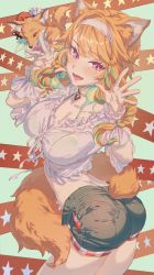 Rule 34 | 1girl, :d, animal ear fluff, animal ears, arched back, blush, braid, breasts, commentary request, cowboy shot, fox, fox ears, fox tail, green hair, hairband, highres, hololive, hololive english, hxxg, large breasts, long hair, looking at viewer, multicolored hair, open mouth, orange hair, purple eyes, shirt, short shorts, short sleeves, shorts, smile, solo, standing, streaked hair, tail, takanashi kiara, takanashi kiara (casual), twisted torso, virtual youtuber, white hairband, white shirt, wrist cuffs
