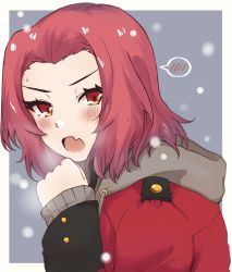 Rule 34 | 1girl, blush, border, commentary, drawstring, fang, from side, frown, girls und panzer, grey background, highres, hood, hood down, hoodie, jacket, long sleeves, looking at viewer, medium hair, military, military uniform, open mouth, orange eyes, outside border, red hair, red jacket, rosehip (girls und panzer), skin fang, snowing, solo, spoken blush, st. gloriana&#039;s military uniform, sweatdrop, uniform, white border, zono (inokura syuzo029)