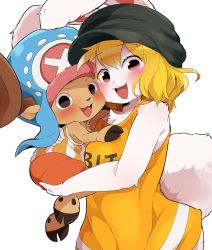 Rule 34 | 1boy, 1girl, animal ears, antlers, black headwear, blonde hair, blue headwear, blush, body fur, carrot (one piece), carrying, dagashi (daga2626), furry, furry female, furry male, hat, highres, horns, looking at viewer, one piece, open mouth, orange shirt, rabbit ears, rabbit girl, rabbit tail, red eyes, round teeth, shirt, short hair, simple background, sleeveless, sleeveless shirt, smile, tail, teeth, tony tony chopper, upper teeth only, white background