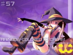 Rule 34 | 1girl, blonde hair, breasts, covered erect nipples, halloween, hat, jack-o&#039;-lantern, nanao naru, pumpkin, see-through, small breasts, solo, thighhighs, twintails, wallpaper, witch hat