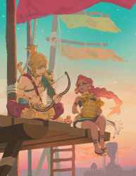 Rule 34 | 1boy, 1girl, abs, armlet, asymmetrical clothes, baggy pants, blonde hair, blue eyes, blue lips, blue nails, bow (weapon), bracelet, braid, braided ponytail, child, dark-skinned female, dark skin, desert voe set (zelda), detached sleeves, dusk, gerudo, green eyes, helmet, highres, holding, holding bow (weapon), holding helmet, holding weapon, indian style, jewelry, link, long hair, looking at another, nail polish, neck ring, nintendo, observation deck, outdoors, pants, peacock feathers, pectorals, pointy ears, red hair, red pants, red sky, riju, scimitar, shillo, shoulder plates, sitting, skirt, sky, star (sky), starry sky, sunset, sword, the legend of zelda, the legend of zelda: breath of the wild, tower viewer, twilight, very long hair, weapon, weapon on back