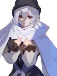 Rule 34 | 1girl, absurdres, arknights, black hat, black shirt, blouse, cross, cross necklace, grey hair, hair between eyes, hands up, hat, highres, jewelry, long hair, long sleeves, looking at viewer, necklace, official alternate costume, red eyes, scarf, shirt, simple background, sinoda, solo, specter (arknights), specter (undercurrent) (arknights), upper body, white background, white scarf
