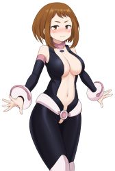 Rule 34 | 1girl, bare shoulders, blush, blush stickers, bodysuit, boku no hero academia, breasts, brown eyes, brown hair, center opening, cleavage, cleft of venus, collarbone, cowboy shot, detached sleeves, haeil2, highres, large breasts, looking at viewer, navel, no panties, open mouth, pussy, shiny clothes, short hair, solo, uraraka ochako