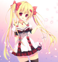 Rule 34 | 1girl, :d, black thighhighs, blonde hair, bow, breasts, cleavage, cowboy shot, dress, frills, gradient background, hair bow, hair ornament, hair ribbon, hairclip, heart, heart hair ornament, heart necklace, highres, izumiyuhina, jewelry, long hair, necklace, open mouth, original, petals, plaid, puffy short sleeves, puffy sleeves, red bow, red eyes, ribbon, short dress, short sleeves, smile, solo, thighhighs, twintails, underbust, very long hair, zettai ryouiki